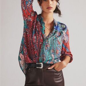 Maeve Paz Button Down Shirt S  Petite Turquoise Patchwork Paisley Anthropologie